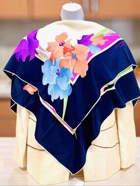 Leonard Paris 100% Silk Scarf 33" Ivery Blue pink purple green floral (79
